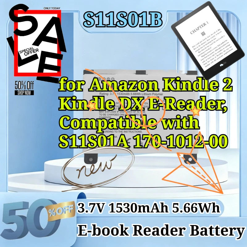 S11S01B 3.7V 1530mAh 5.66Wh Replacement Li-Po Battery for Amazon Kindle 2 Kindle DX E-Reader Compatible with S11S01A 170-1012-00