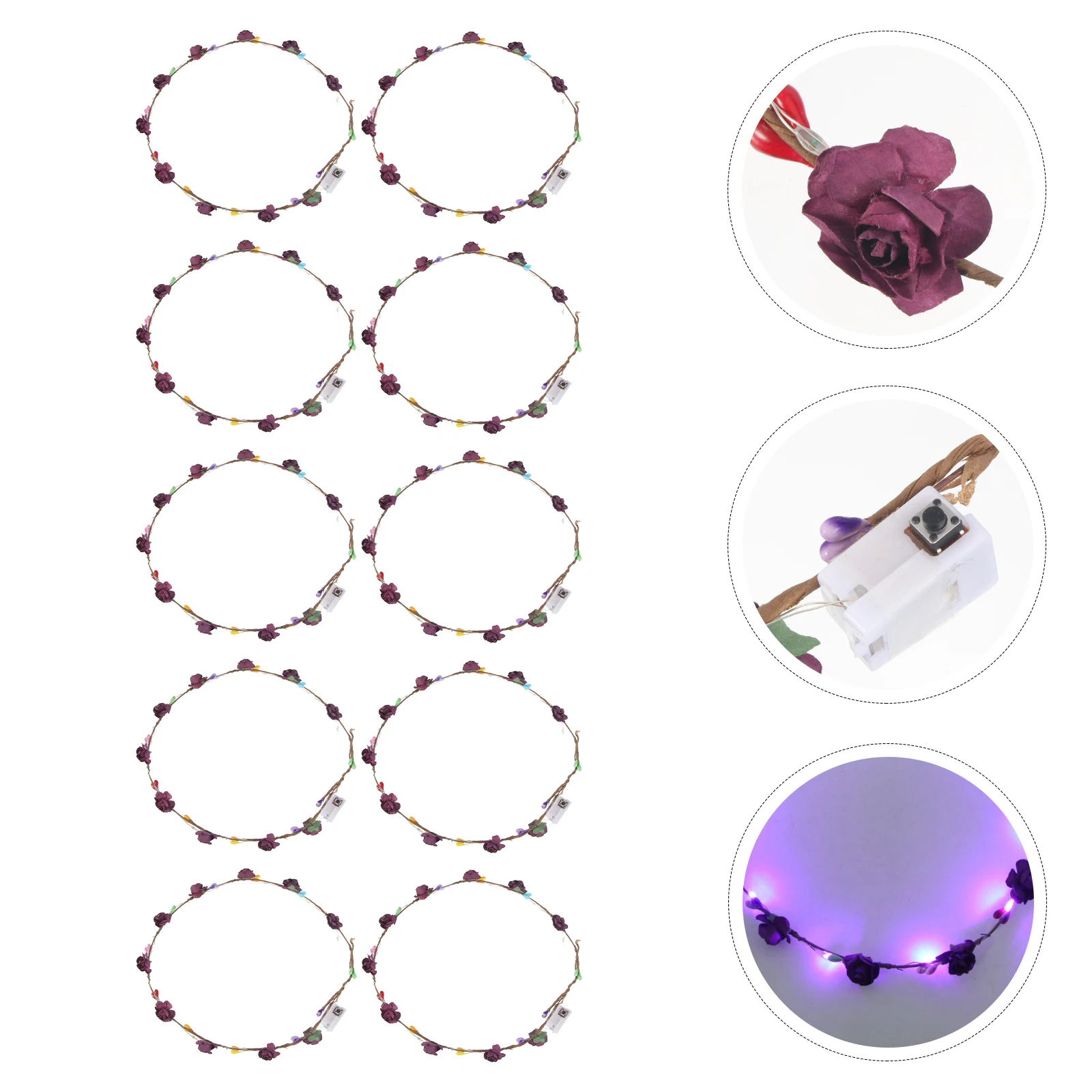 

LED Glow Garland Floral Wreath Headband 10 10 LED Beads Adjustable for Weddings Parties Festivals