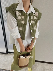 Women Embroidered Vest Sleeveless Jackets 2023 Clothing Top Coat Vintage Cardigan Waistcoat Crop Fashion Korean Style Y2k Floral