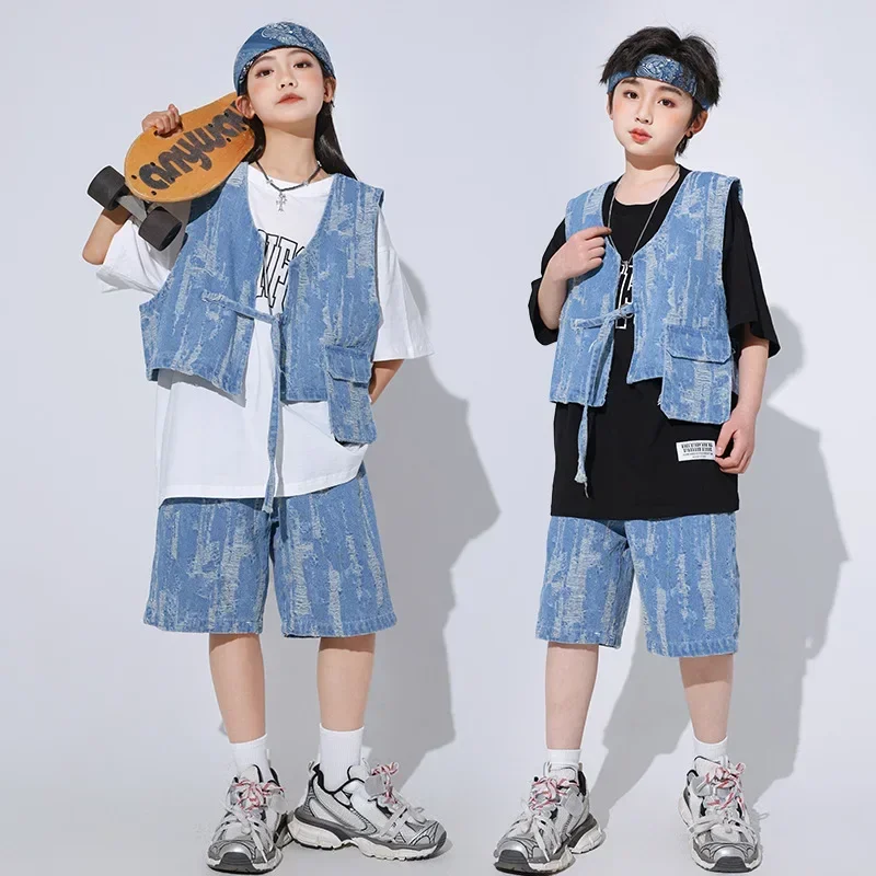 Costumes de danse Jazz pour garçons, t-shirt ample, gilet en Denim, short, costume pour filles, vêtements de danse Hip Hop Rave, ensemble de vêtements de spectacle sur scène de groupe, nouvelle collection