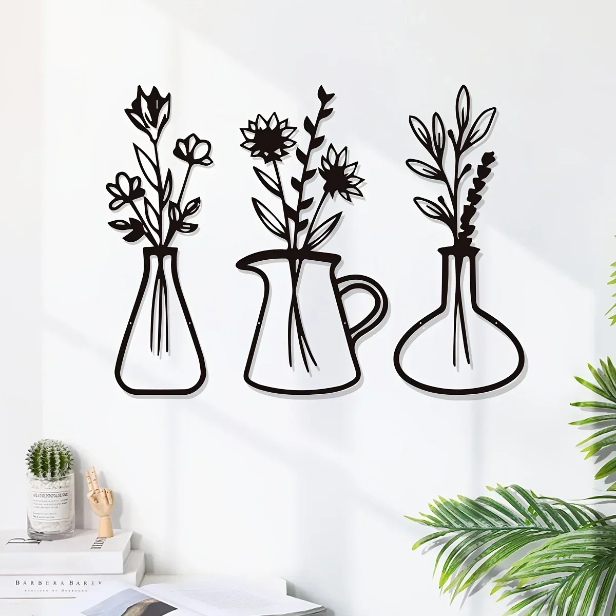 

CIFBUY Decoration 3pcs Vase Metal Home Art Decor, Wall Hanging Decor Black Flower Pattern Wall Sculpture, Iron Frame Wall Hangin