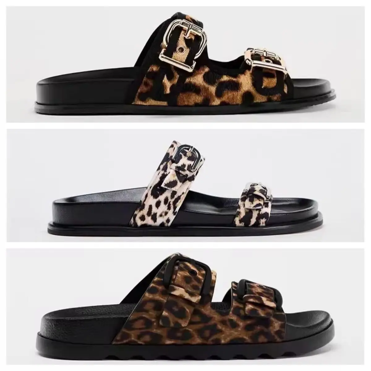 

ZAZA Woman Leopard Flats Sandals Fashion Round Toe Metal Buckle Flat Slippers 2024 Summer Female Casual Outdoors Flip-flops Shoe