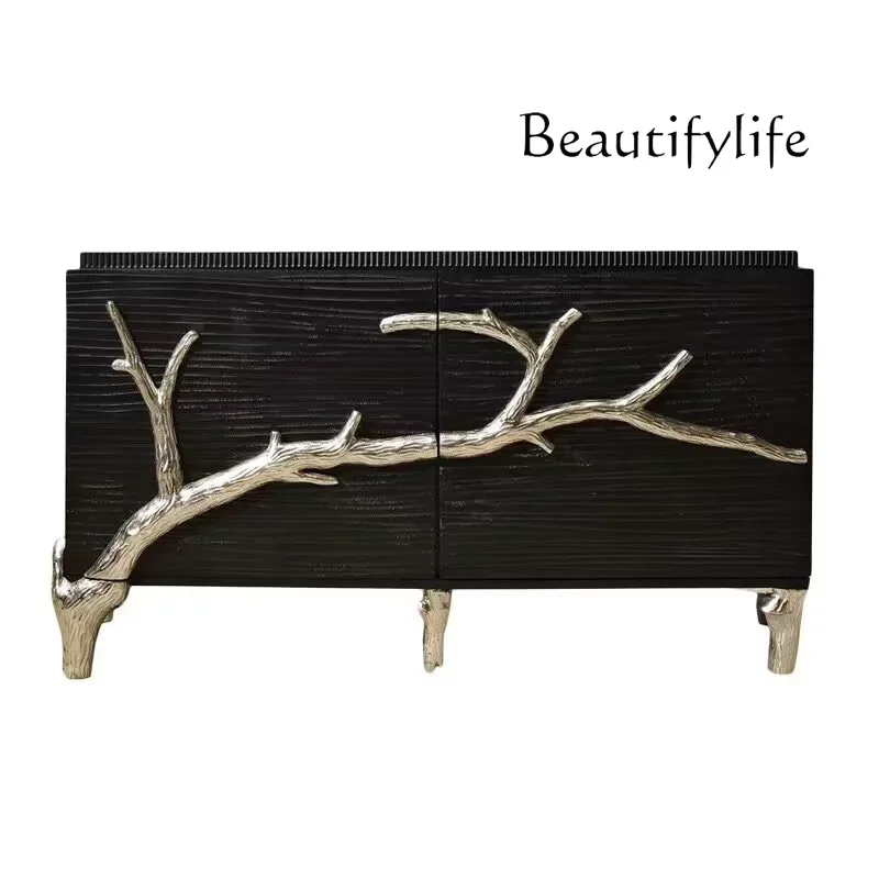 

French porch cabinet entry solid wood carving black decorative cabinet light luxury high-end living room dining side cabinet