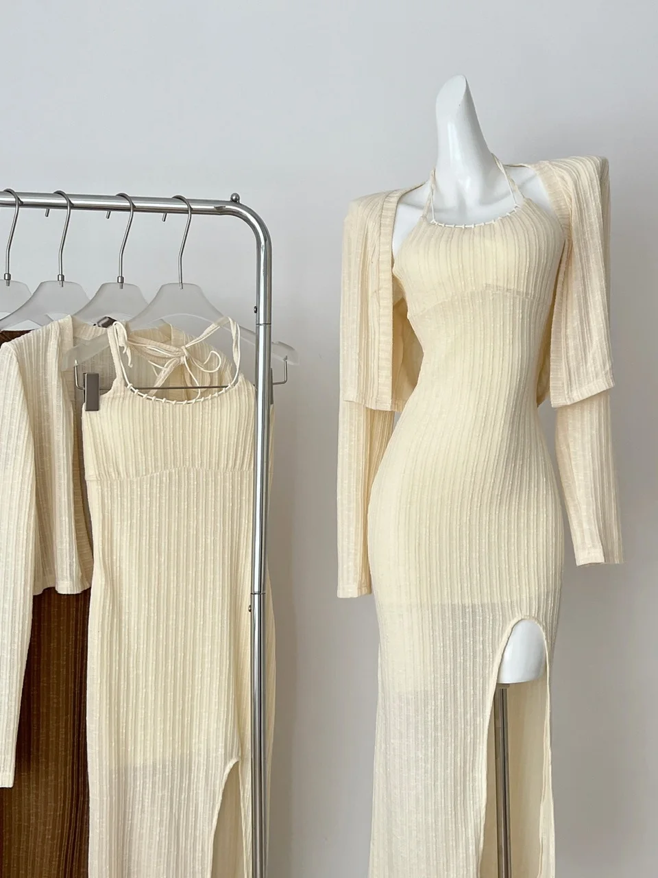 Chique Vroege Herfst Dames Faion Set Lange Sve Gebreid Open Vest Taille-Knijpen Band Dr Pittig Meisje Sle volwassen Grootte