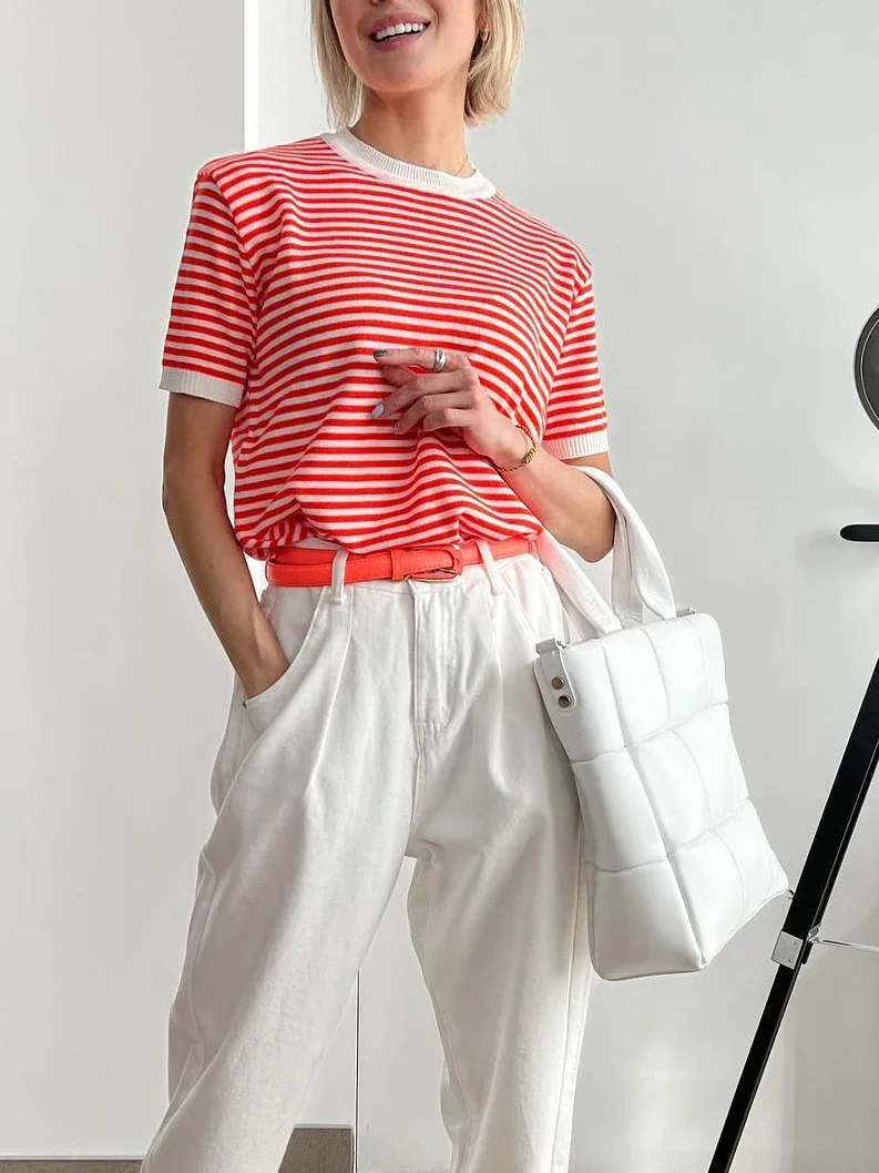 2024 Summer Striped Knitted T-shirt for Women Classic Contrast Color White O-neck Knitwear Tees Women's Top with Short Sleeves