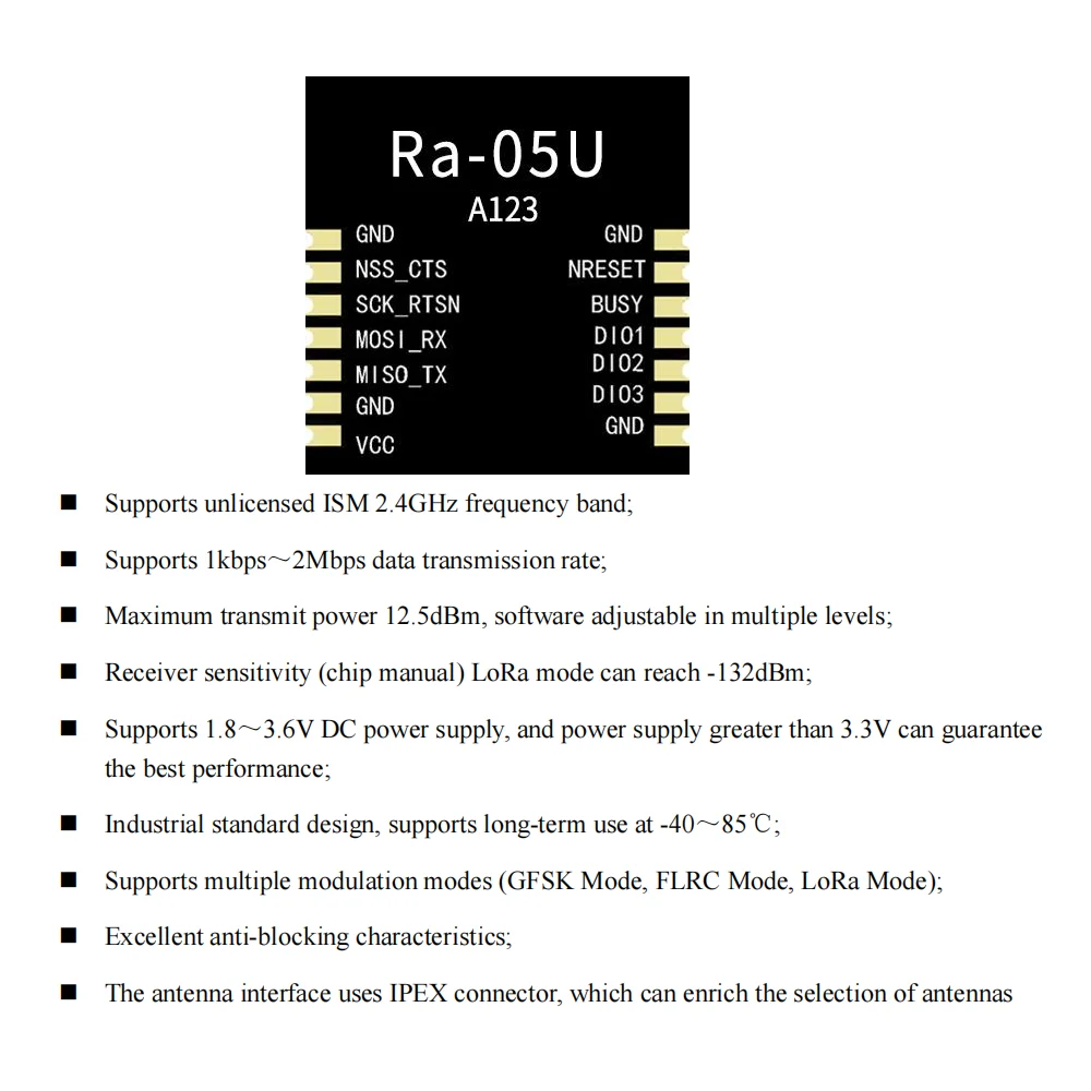 SX1281 Chip 2.4G LoRa Módulo RF Ra-05U sem fio com suporte para modo de modulação LoRa/FLRC/GFSK