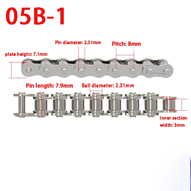 1PCS 1.5 Meter 304 Stainless Steel Short Pitch Roller Drive Chain Industrial Transmission Chain 05B-1