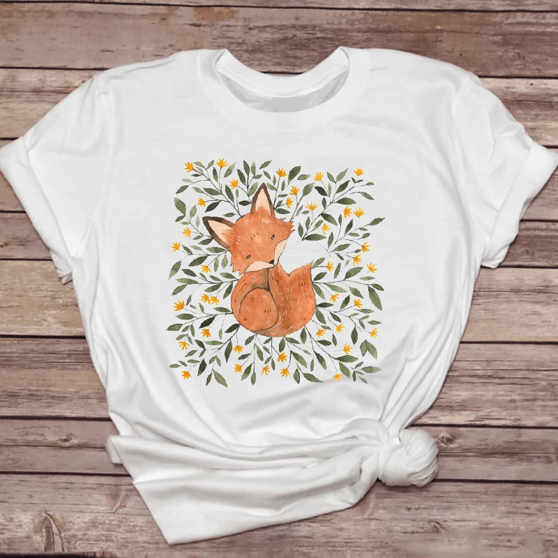 Women T-shirts Watercolor Fashion Short Sleeve 90s Fox Animal Ladies Print Graphic T Top  Lady Shirt Travel Tee T-Shirt