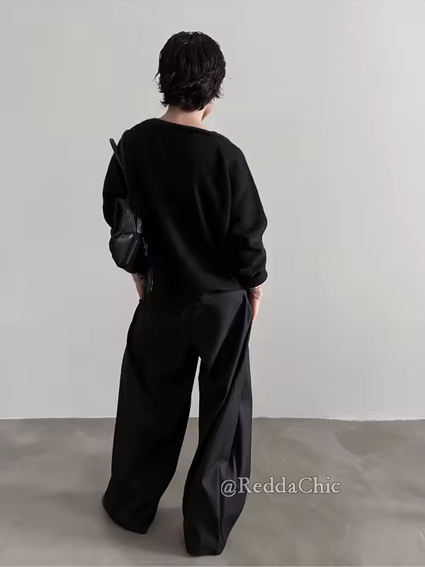 REDDACHiC Men's Pleated Front Wide Leg Pants Cleanfit Black Solid Low Waist Dressy Trousers Unisex Office Work Casual Clothes - Image 4