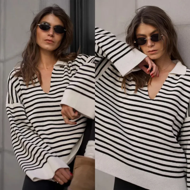 

Chic Women’s 2025 Winter Loose Striped Sweater Long Sleeve Polo Collar Pullover Knit Jumper Korean Fashion Casual Wear for Girls