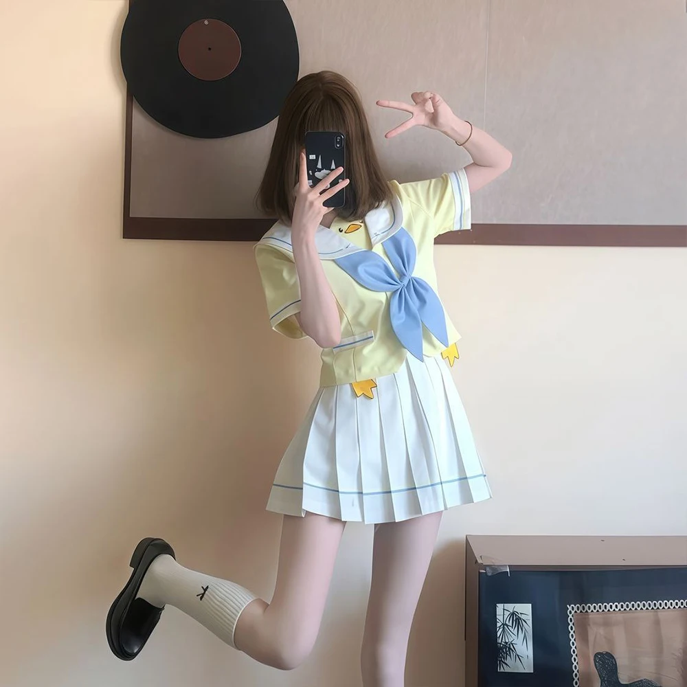 Original Japanese Cute Jk Uniform Women's Sweet Cartoon Print Navy Yellow Short Sleeve Shirt Folded Skirt Two Piece Set Summer image 2