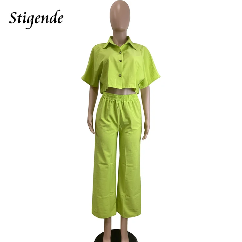 Stigende Women Loose Fit Two Piece Tracksuit Set Turn Down Collar Crop Top Shirts Breasted Wide Leg Pants