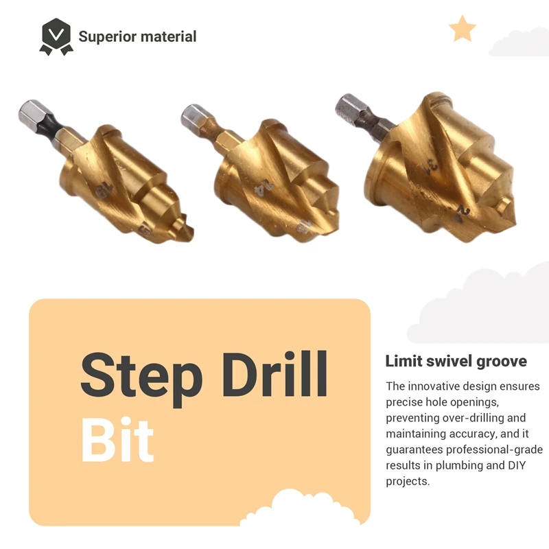 3pcs 20/25/32mm Step Drill Bit with Limit Swivel Groove PPR Lifting Cone Drill Bits for Water Pipe Reaming-A56M