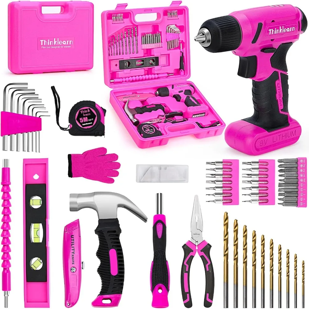 

64PCS Pink Tool Set with Cordless Drill,8V Power Drill and Pink Tool Kit for Women,3/8"Keyless Chuck Electric Screwdriver Driver