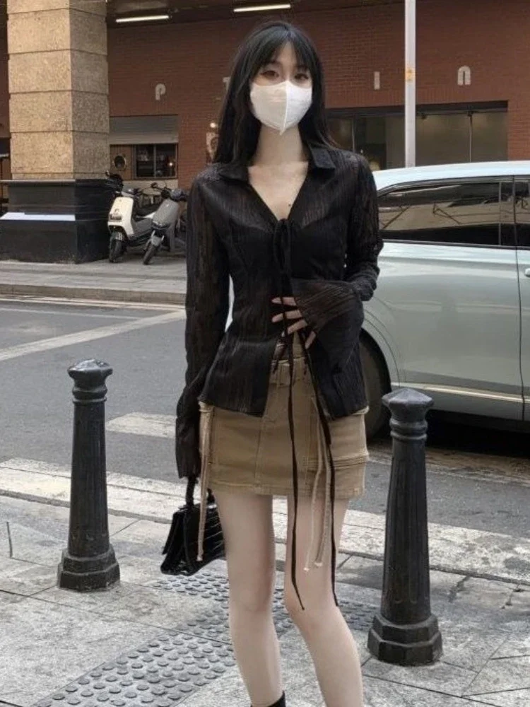 Chemisier japonais pour femmes, chemise Sexy à bandes Grunge, esthétique Y2k, Harajuku, col rabattu, manches évasées, 2025