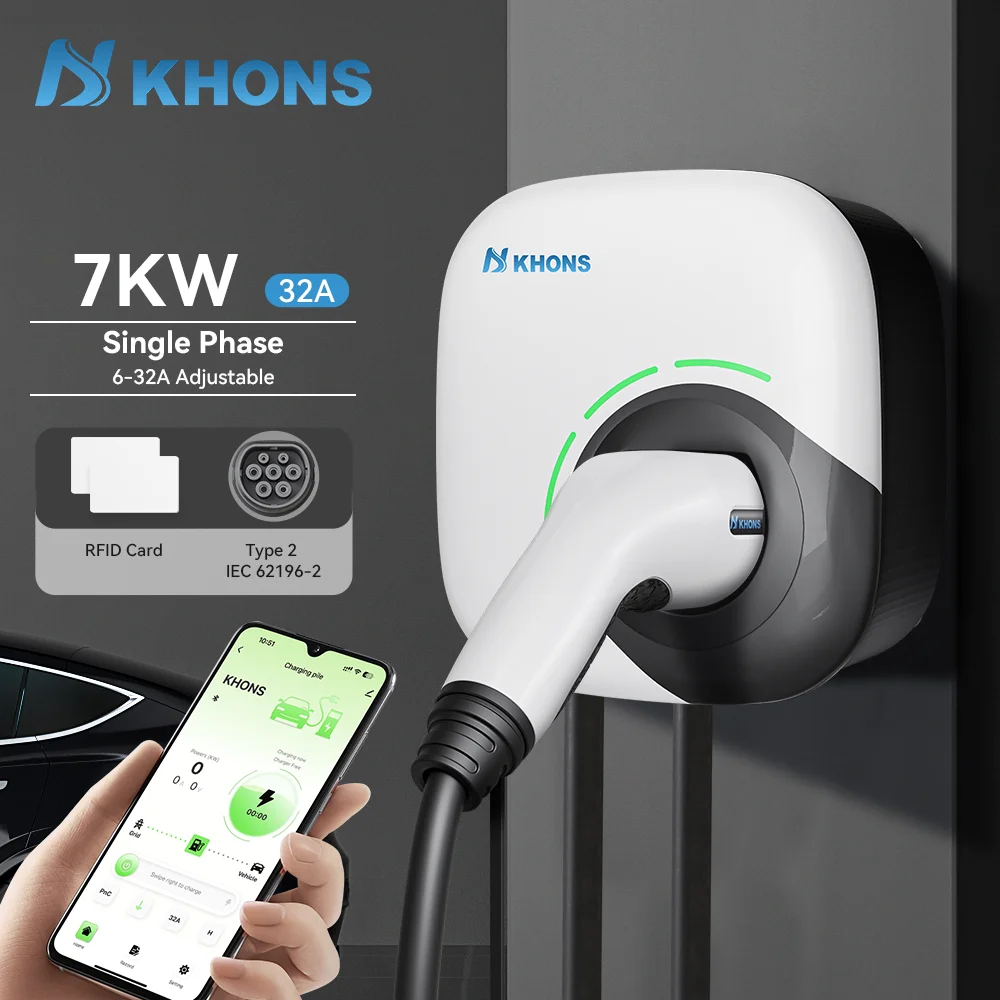 Khons 7KW شاحن السيارة الكهربائية Type2 كابل 32A 1 المرحلة Wallbox APP وظيفة محطة شحن للمركبات الكهربائية IP65