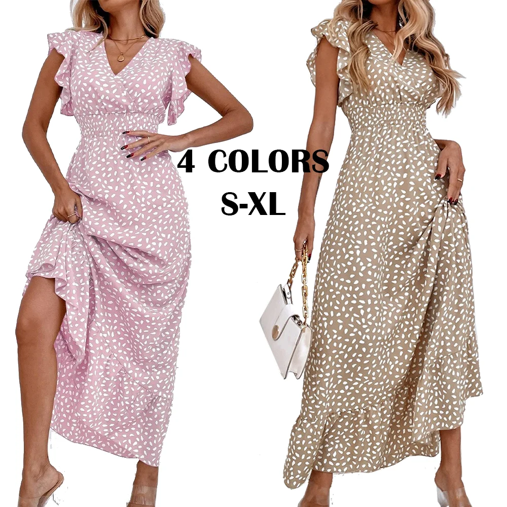 Spring Summer Women's Clothing, Fully Printed V-Neck dress, 2024 New Elegant Lotus Leaf Sleeve Pleated Waist A-line Skirt