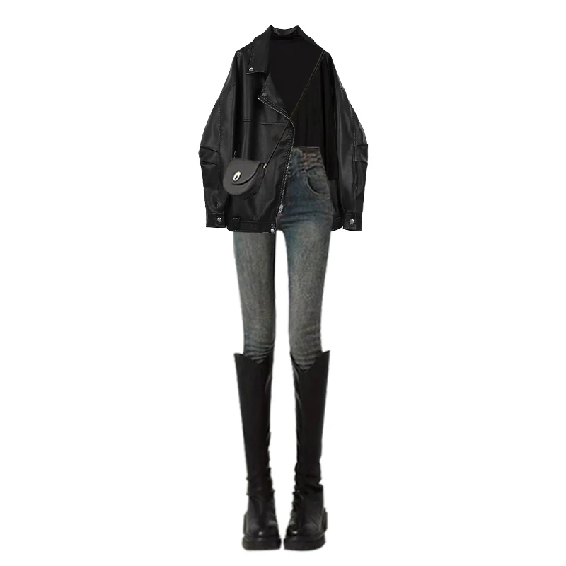 Autunno Faion Jeans slim fit a vita alta in pelle Jaet Base irt Tee Set da donna Casual Sle Long Sve Top lavorato a maglia