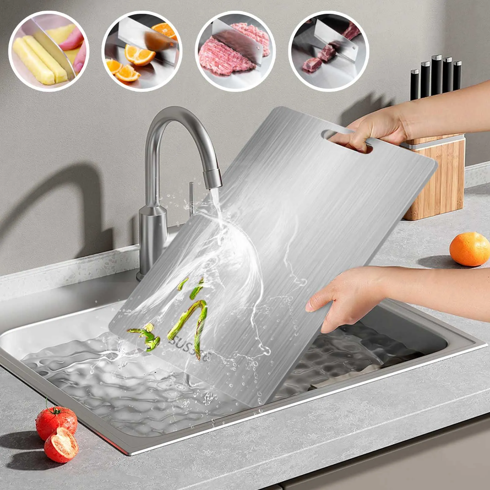 316 Stainless Steel Panel and Chopping Board Kitchen Household Thickened Double Sided Cutting Board Block Kneading Dough Board