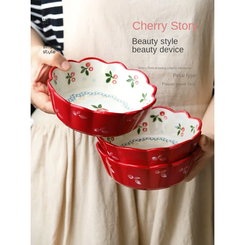 Japanese ceramic fruit salad bowl cute ins style rice bowl high value creative cherry tableware set for home