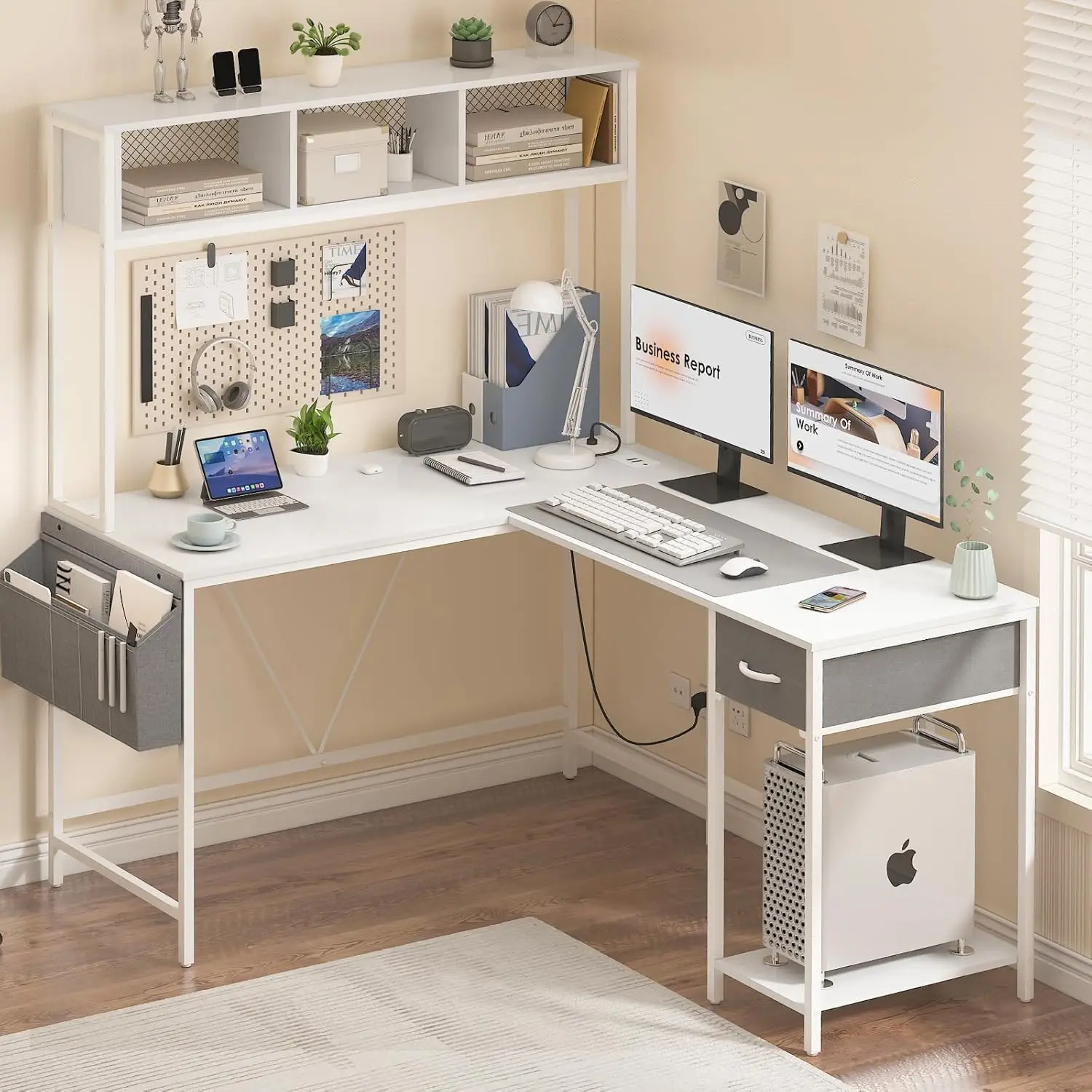 Yoobure-Bureau de jeu en forme de L avec bande LED et prise de courant, bureau d'ordinateur réversible avec étagère de rangement