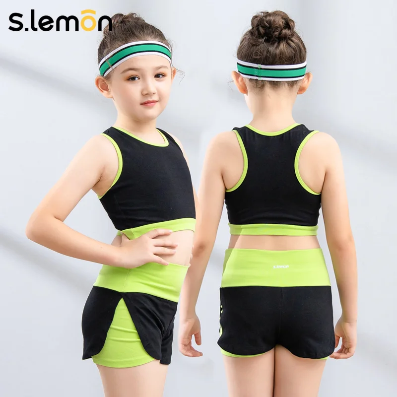 Slemon Ragazze Ginnastica Body Set Bambini Cheerleader Vestito Color Block Impiombato Canotta Manica Corta Sport Aerobica Dancewear