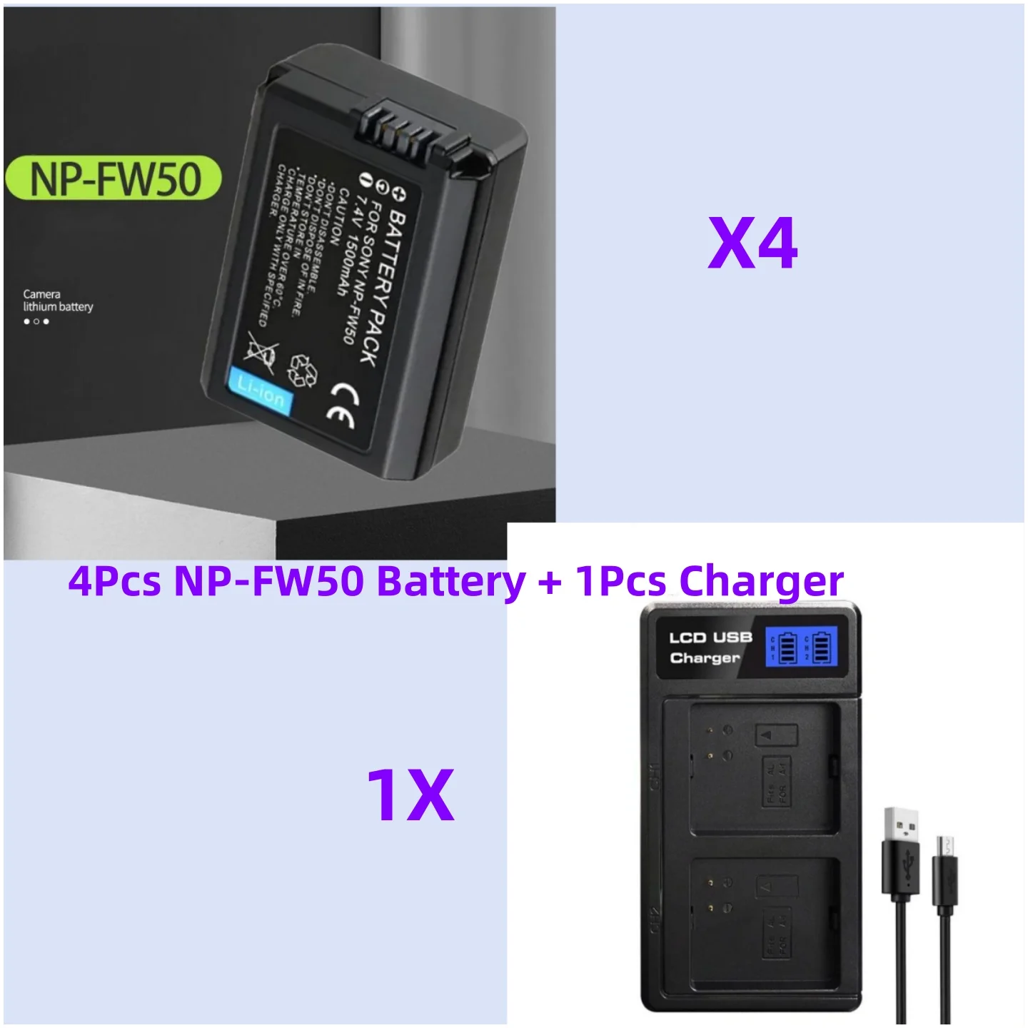 4X 1500mAh NP-FW50 NPFW50 FW50 Battery + LCD USB Dual Charger For Sony A6000 A6400 A6300 A6500 A7 A7II A7RII A7SII A7S A7S2 A7R