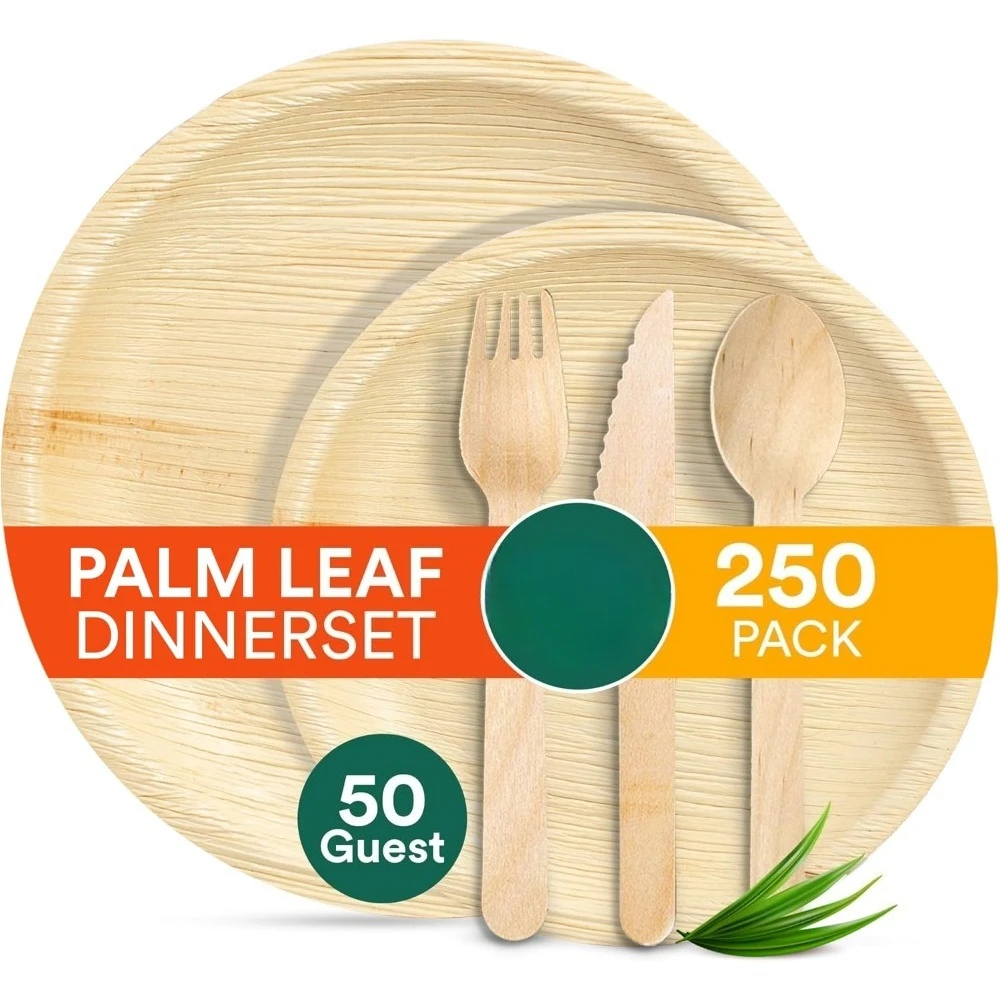

Dinnerware Set, 100% Compostable Palm Leaf, 250 for 50 Guests, Biodegradable Disposable Utensils for Wedding, Parties, BBQ