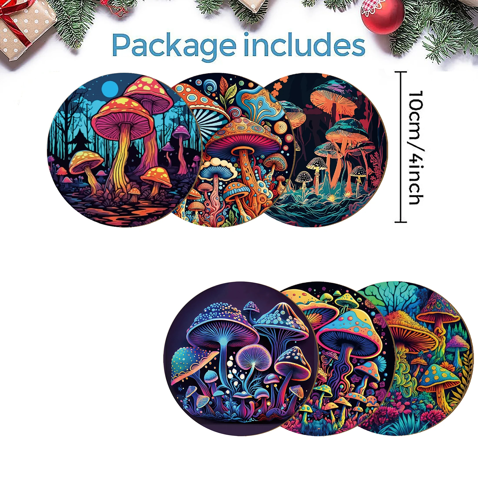 A 6-piece set of colorful mushroom-patterned wooden coasters is suitable for anti-slip decoration on library desks