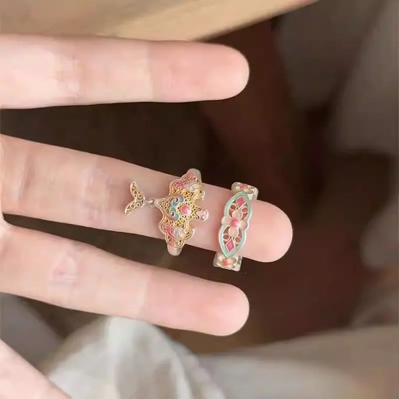New Chinese Stylish Kite Pattern Enamel Open Adjustable Ring for Women Niche Exquisite Premium Handcrafted Vintage Jewelry Gift