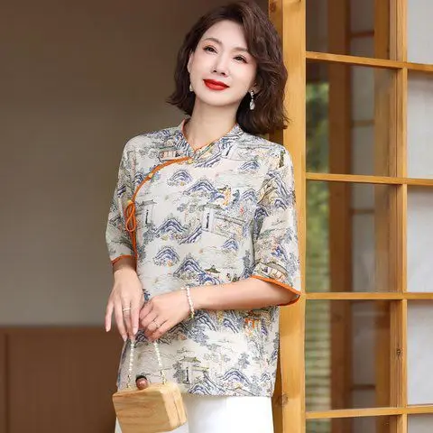 New summer mother outfit style thin top T-shirt middle-aged and elderly women's short-sleeved cheongsam collar base shirt