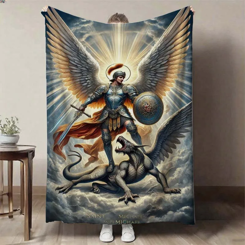 St. Michael Archangel & Dragon Flannel Blanket – Soft Christmas Gift for Sofa, Office, Bedroom, Camping & Travel