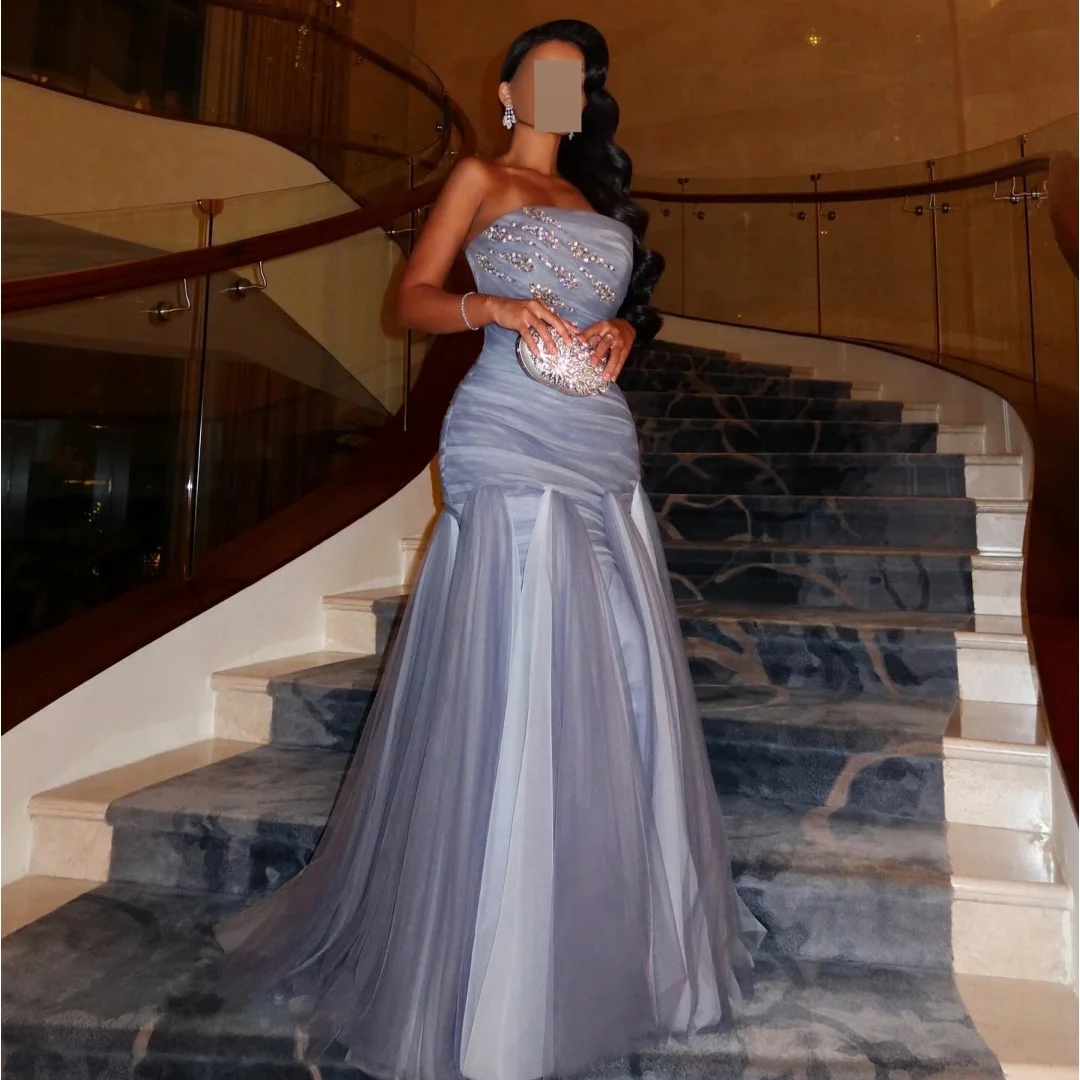 

Middle East Evening Dresses Tulle Strapless vestidos de noche Pleat Prom Dress Sequins Wedding Party Gown Customized