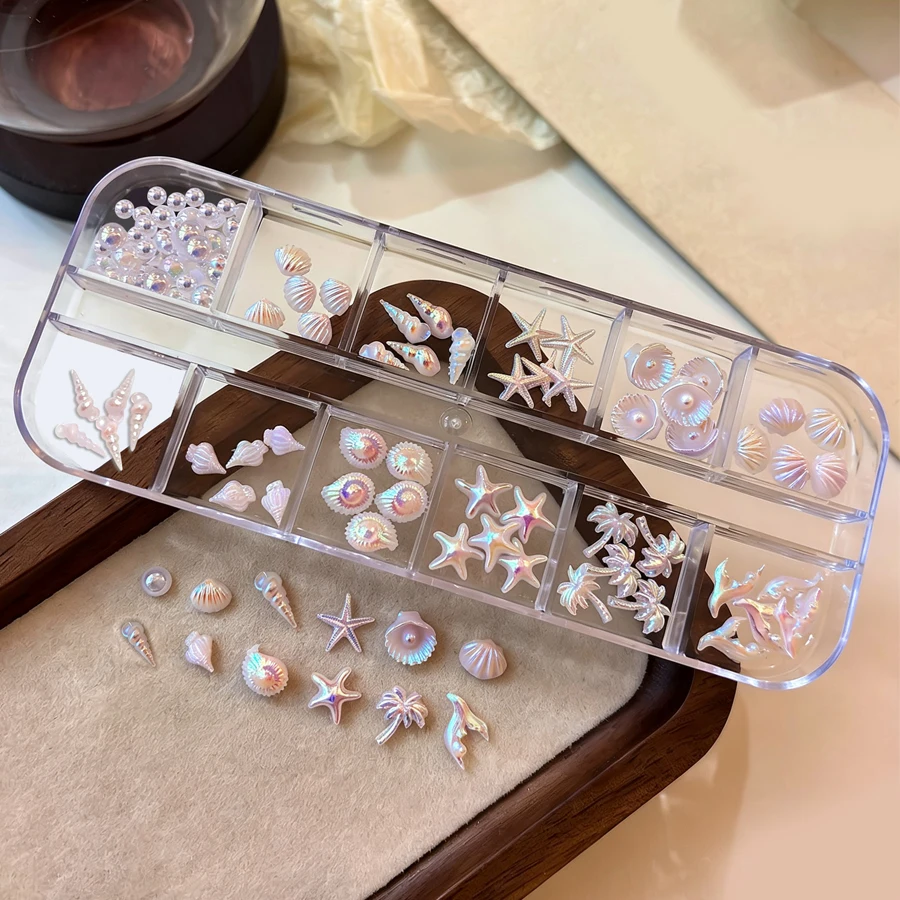 12-teiliges Nagelcharms-Set mit Ozean-Motiv, Aurora-Irisierend, 3D-Muschel-, Seestern- und Meerjungfrauen-Perlen, Nageldekorationen für die Maniküre – Detail 2