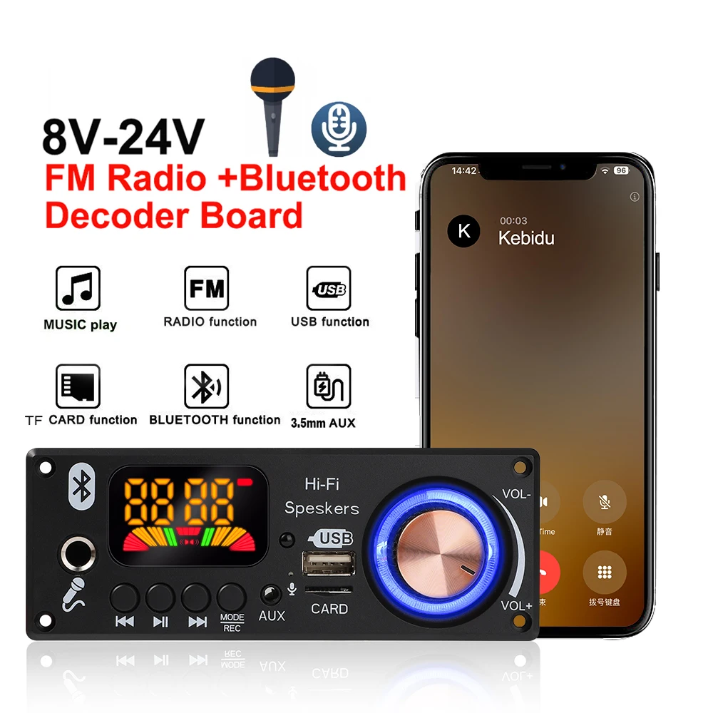 8V-24V Bluetooth V5.0 Mp3 Decoder Board TF FM Radio Module Wireless Audio Receiver with Microphone For Handsfree Call Recording