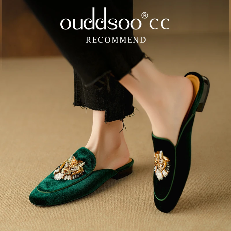 

Ods Luxury Black Velvet Mules For Women Sparkly Rhinestone Embroidery Backless Flat Slides For Evening Party Wedding Cocktail