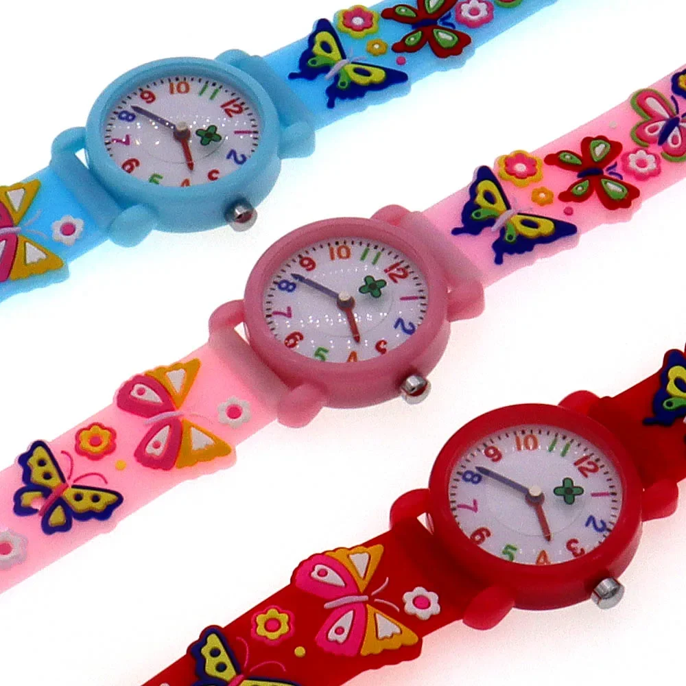 3Pcs Children's Wristwatch Butterfly Flower Design Second Hand Watch for Girls And Boys Kids Watch