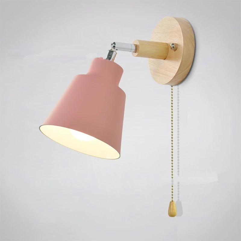 

Nordic wooden wall lights with Zipper switch sconce modern wall lamp bedroom bedside lamp macaroon wall sconce Freely rotatable