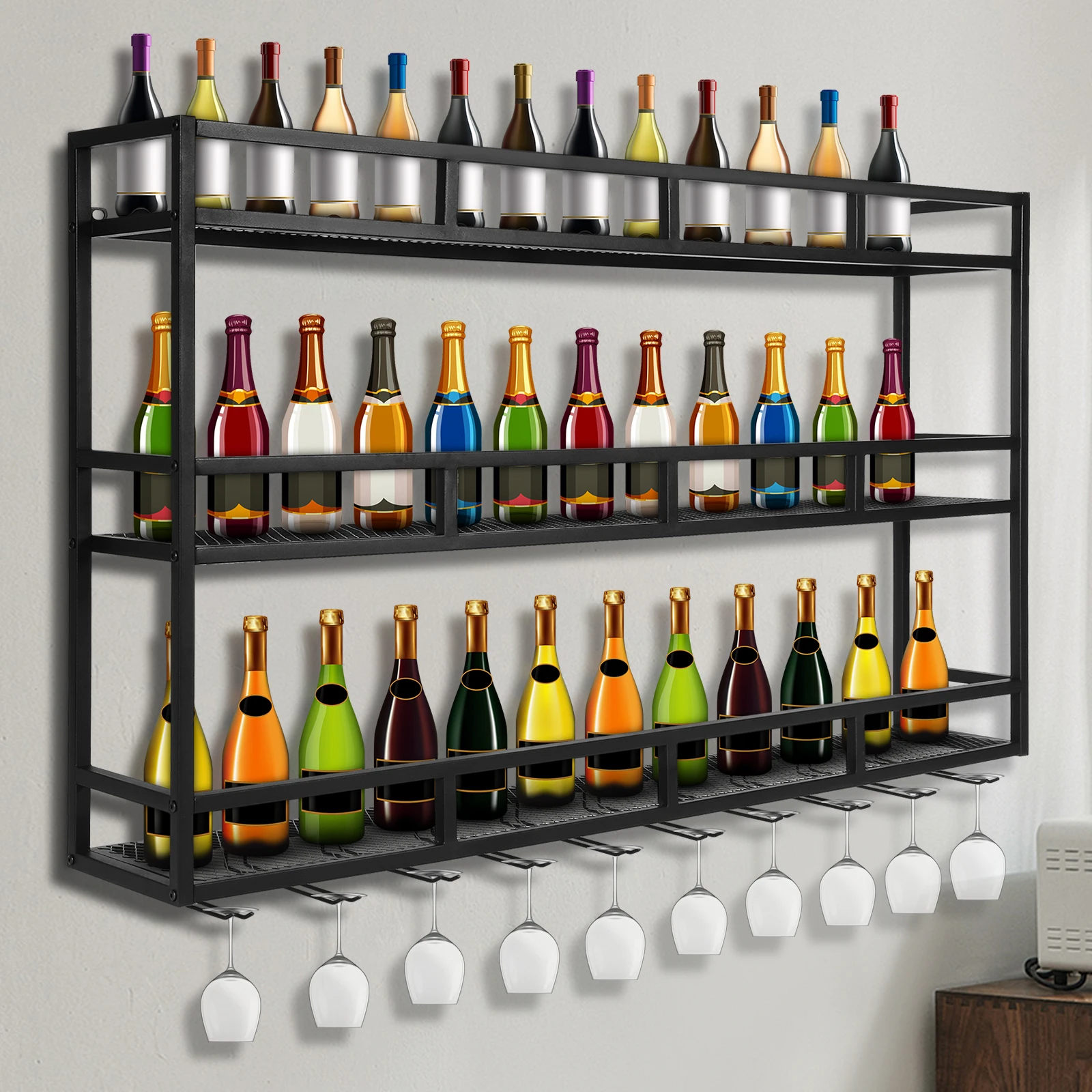 

3-Tier Floating Wine Storage Rack & Hanging Shelf Large Capacity Metal Bar Liquor Bottle Display Bracket for Home Bar Decorative