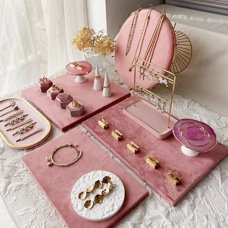 Jewelry display shelf pink tray desktop small place earrings ring display shop counter to receive photo props