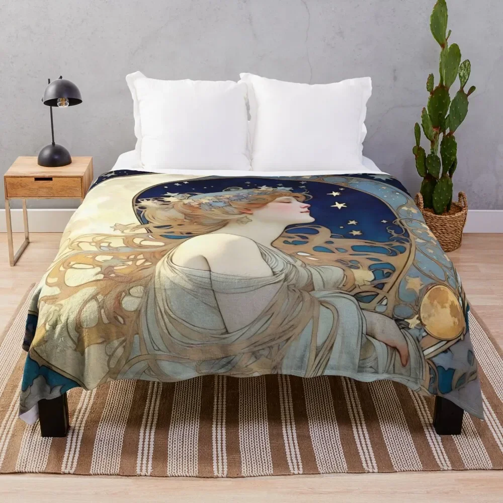 Celestial Dreams Alphonse Mucha Inspired Moon and Stars Throw Blanket Warm valentine gift ideas Blankets