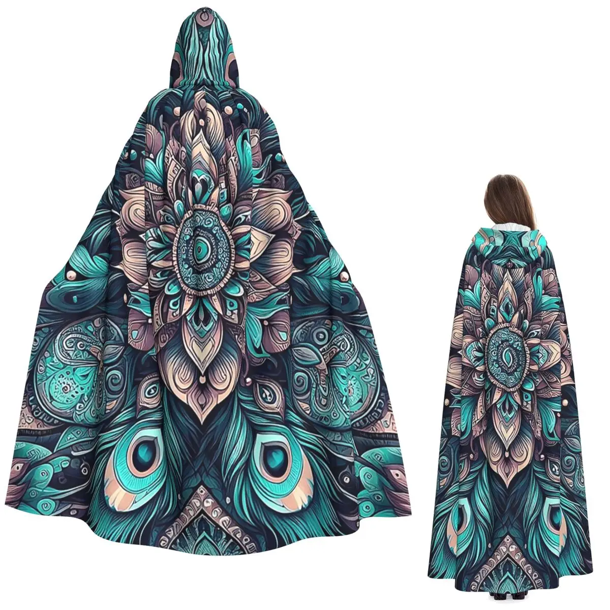 Płaszcz z długą kapturem z piór pawich, kostium czarownicy, średniowieczny strój, peleryna cosplay, Halloween, wampir, dla dorosłych, unisex