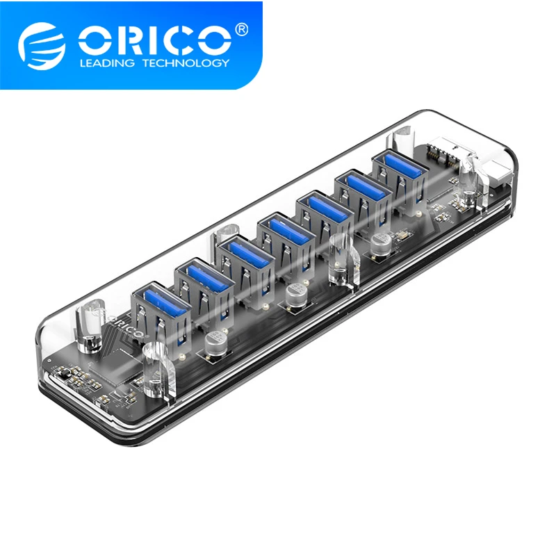 O divisor de alta velocidade transparente do multi 7-port usb3.0 do cubo de usb da série de orico com porta de alimentação micro usb para o adaptador otg do computador portátil