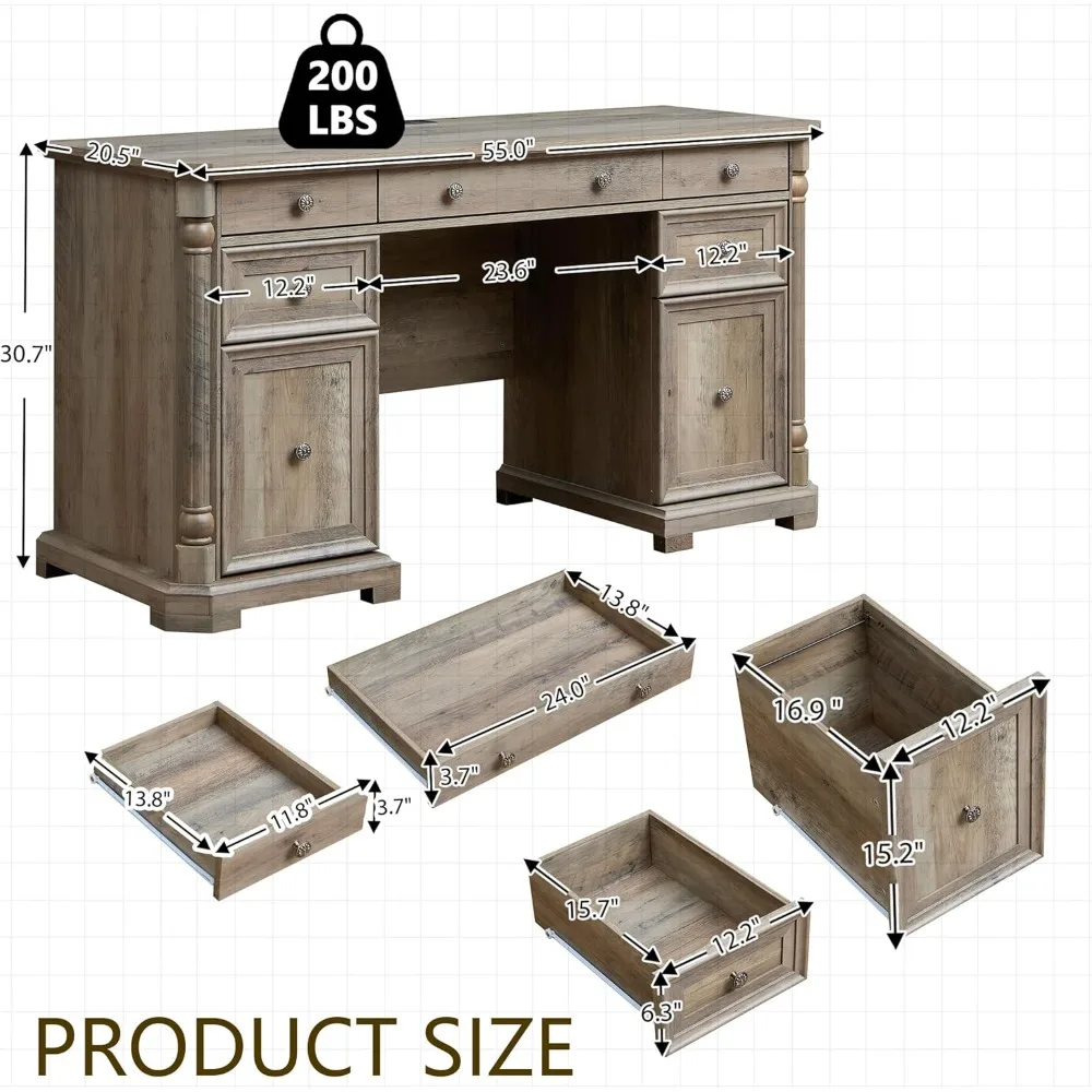 Scrivania direzionale in legno da 55'' con 7 cassetti - Scrivanie per ufficio domestico in fattoria con presa di corrente, scrivania per computer in legno con colonna romana