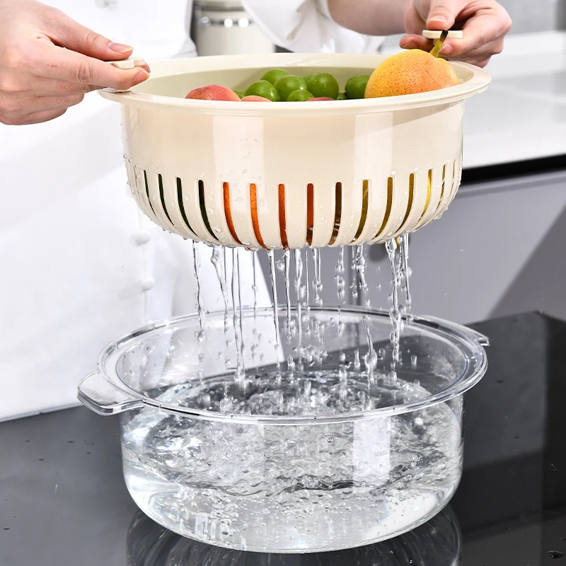 Kitchen Colanders Bowl Set 2 In 1 Fruit Vegetable Washing Food Strainers, Large Plastic Double Layered Strainer Basket