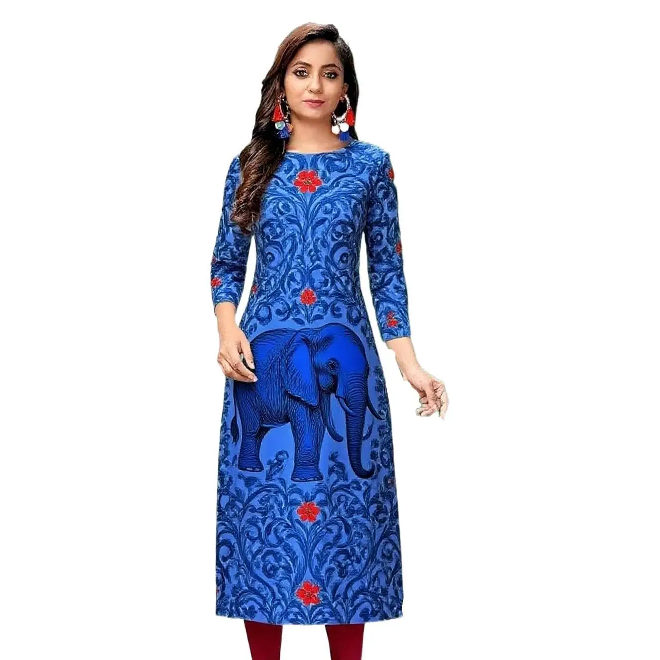 KURT abito moda casual da donna a maniche lunghe tubo dritto casual fiore etnico girocollo senso del design di dimensioni regolari