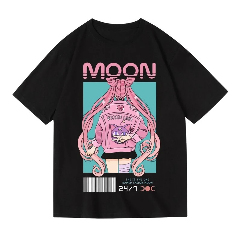 2026 Summer Sailor Moon Retro Cosplay T-shirt Men's Oversize Casual Cotton Printed Short-sleeved Unisex Children's Sports Shirt