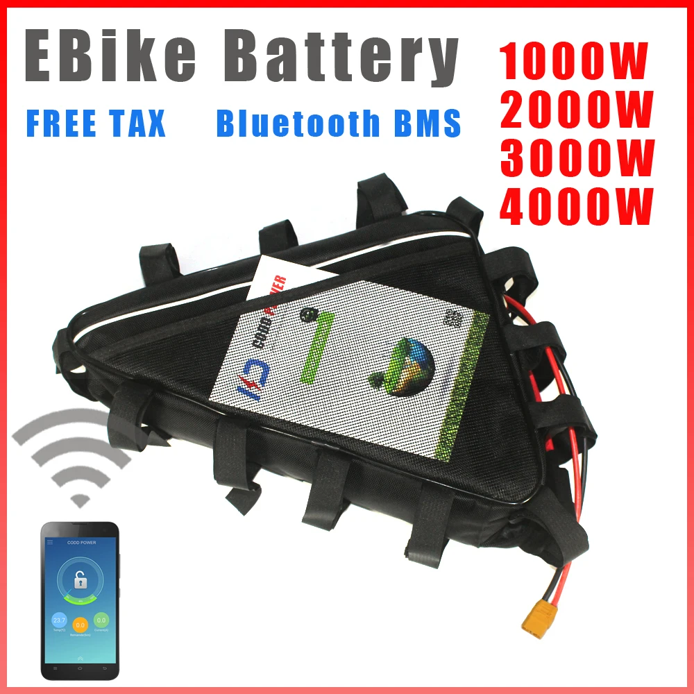 48V 52V 60V 72V Electric Bike Battery 30AH 40AH 1000W 2000W 3000W 4000W Triangle Bag Lithium Battery Bluetooth BMS Free Tax