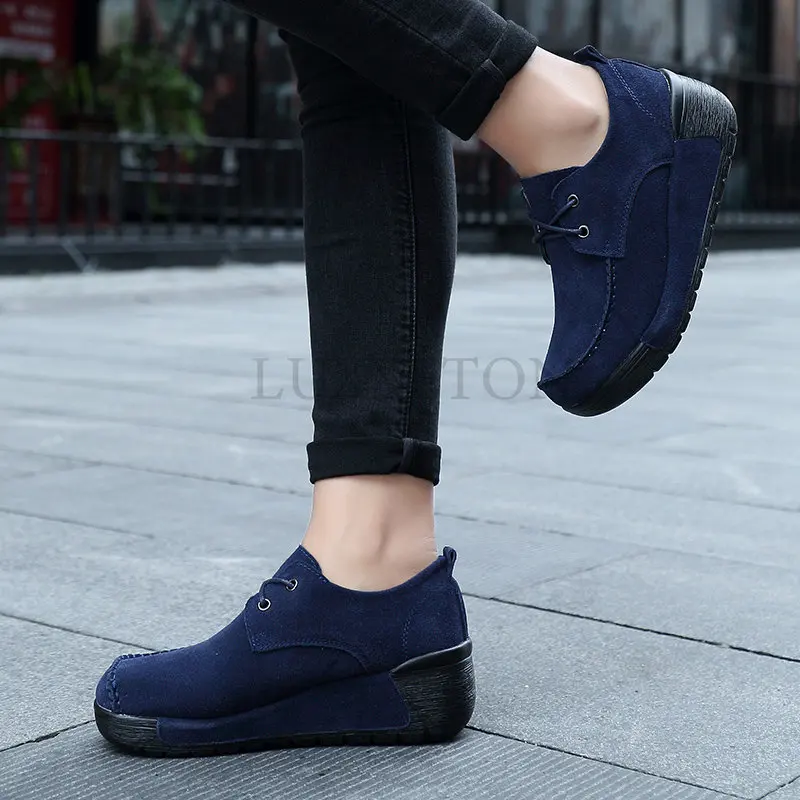 Cow Suede Leather Women  Platform Sneakers Shoes Ladies Lace Up Casual Shoe Loafers Elegant Woman Pumps Footwear