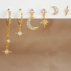 Juego de pendientes de aro de acero inoxidable para mujer, cadena de circonita cúbica, Estrella y Luna, colgante de cartílago, Piercing, joyería de moda, 6 piezas